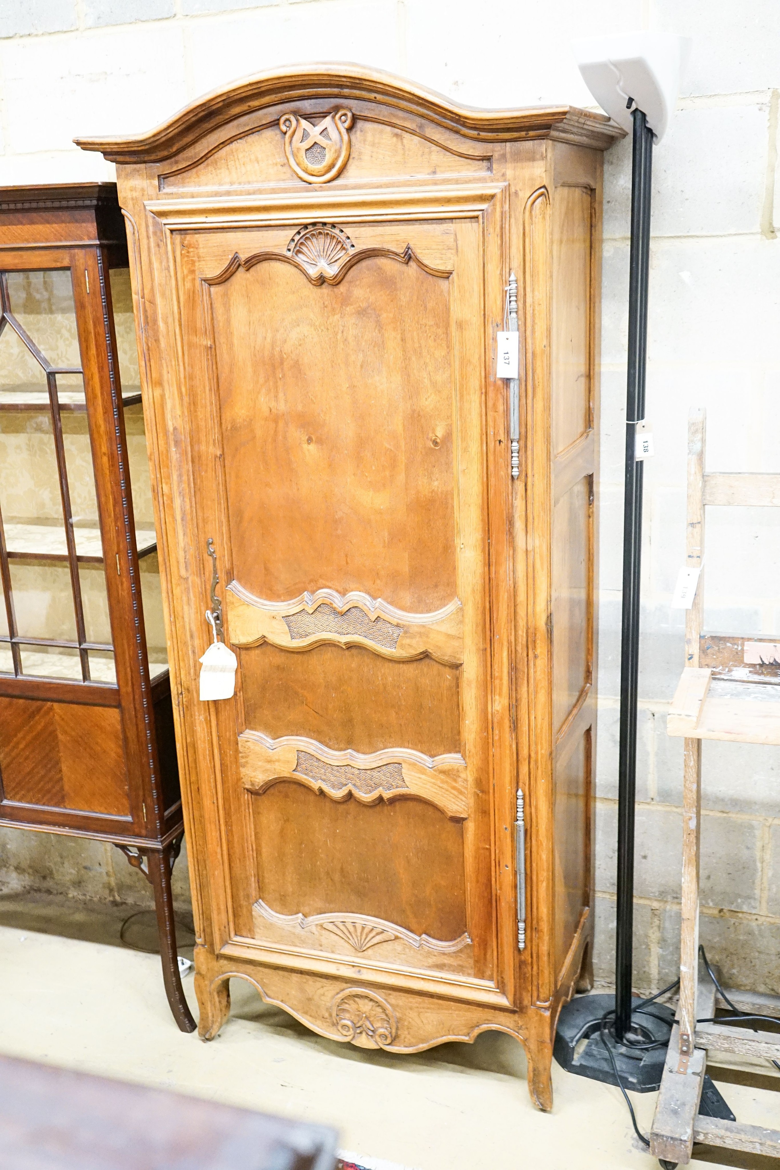 An 18th century style French narrow walnut armoire, width 85cm, depth 48cm, height 188cm